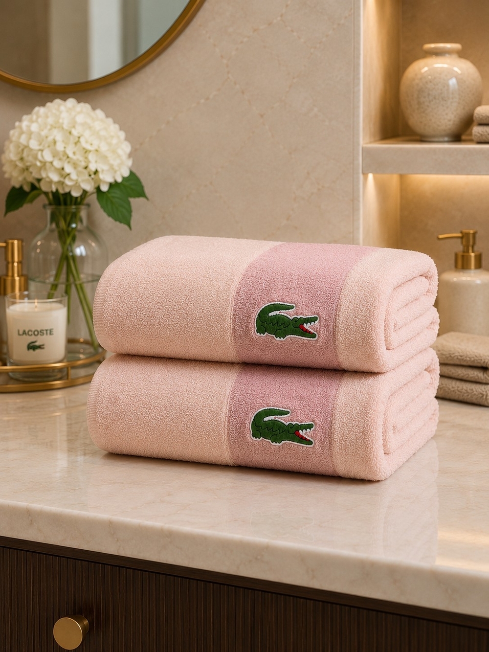 Lacoste Pink Bath Towel Set of 2 | 100% Cotton | New